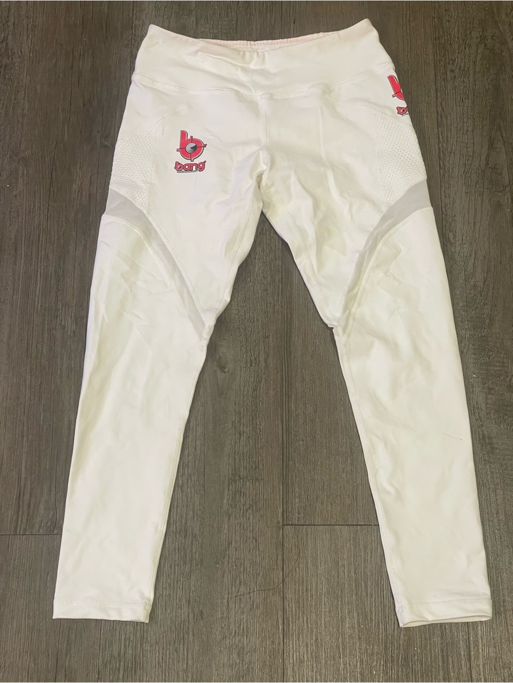Bang Energy Drink Women’s Small White Athletic Leggings with Red Logo